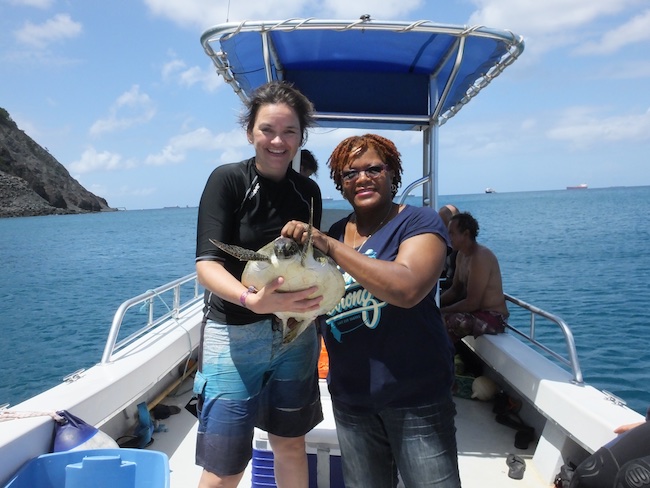 me and Jessica (STENAPA turtle program coordinator, and WIDECAST country coordinator) with the first turtle we caught at St. Eustatius, a small juvenile green turtle