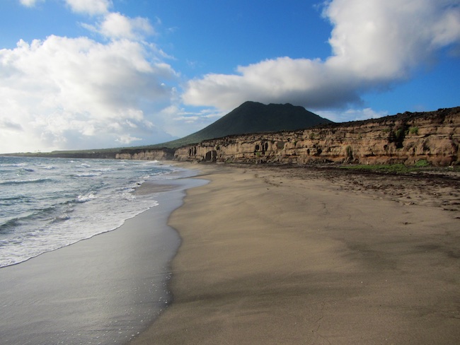 Zeelandia beach: Nesting beach for leatherback, hawksbill and green turtles; Very dynamic beaches, Atlantic waves, eroding cliffs and the islands landfill (at the end of the beach)
