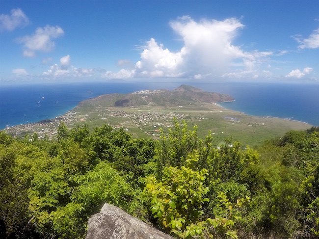 Comparison between the Atlantic Windward (right) side and the Caribbean Leeward (left)left side of the island. Photo taken from the panoramic viewpoint on top of the "Quill" (rim of the dormant volcano)
